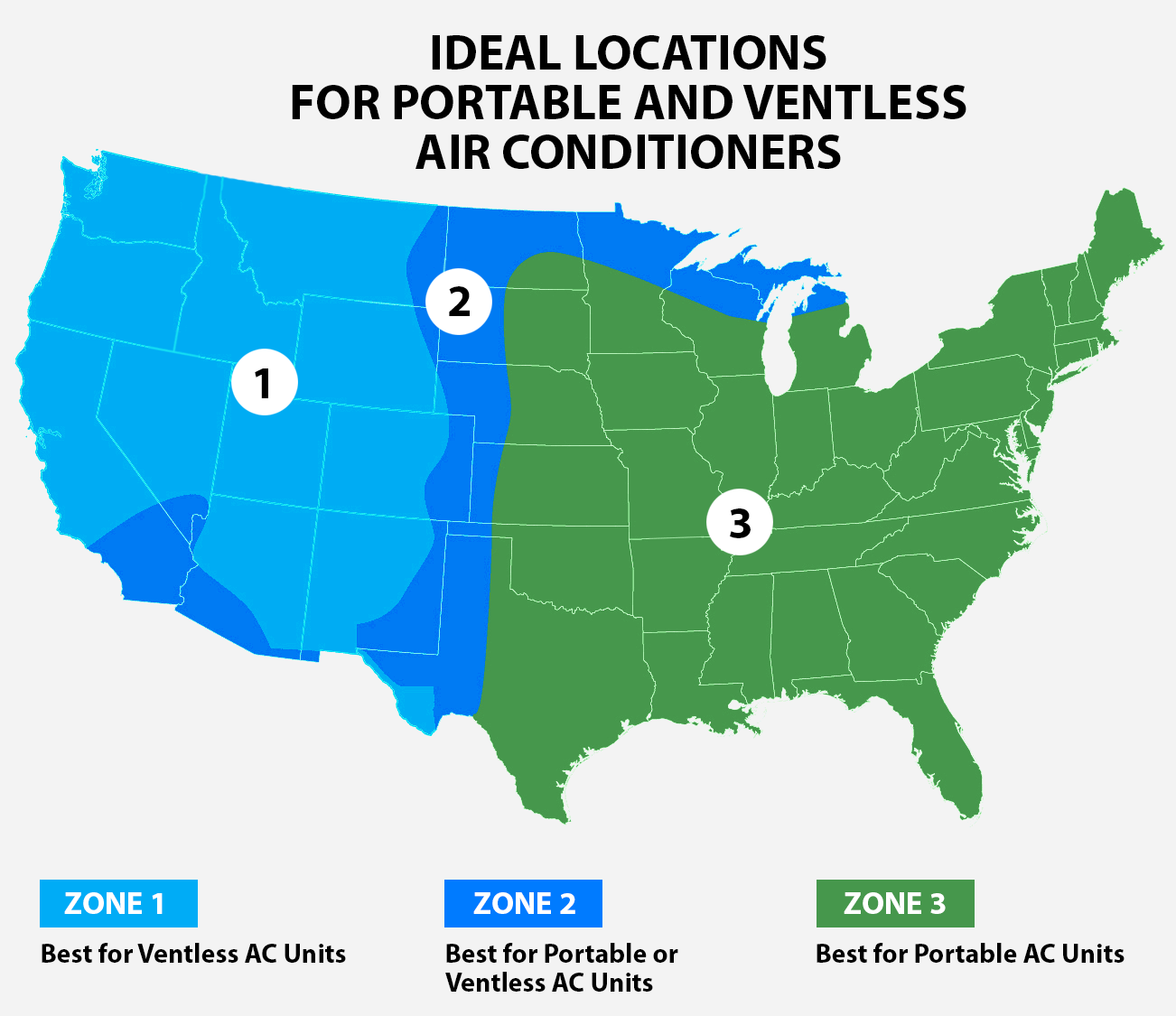 Map showing which regions of the U.S. are best for portable air conditioners versus ventless air conditioners