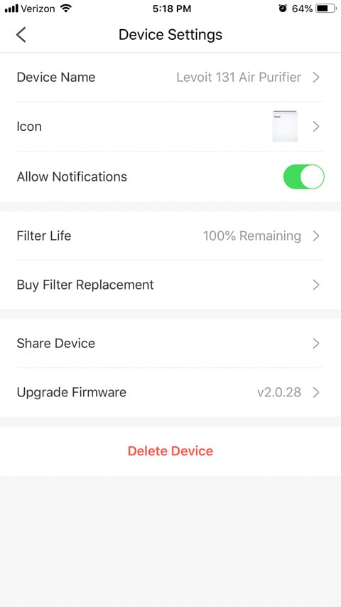 App screen for settings