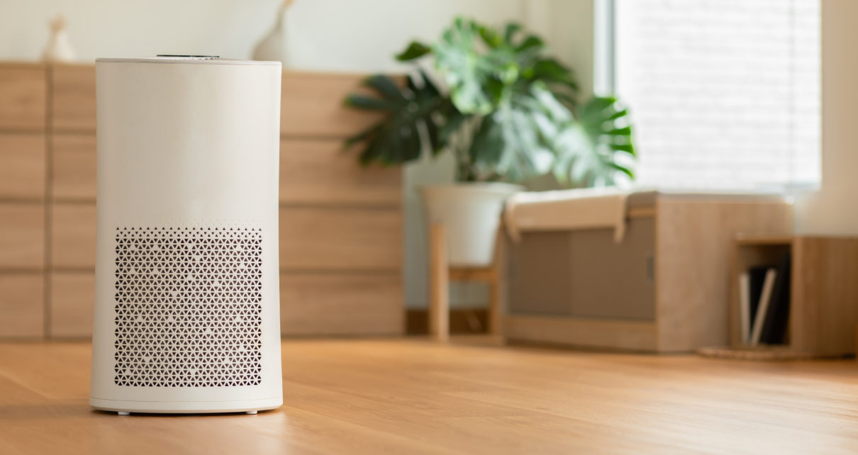 air purifier on hardwood floor with houseplant in room