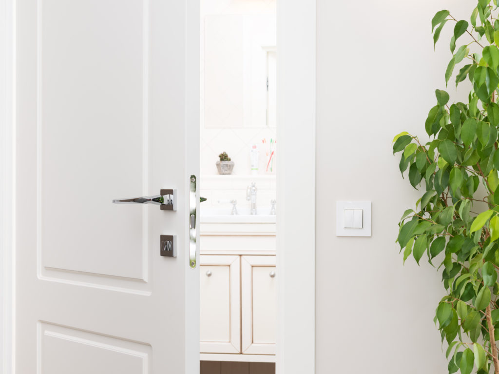 Ajar white door to the bathroom. Series switch on a light gray wall. Modern chrome door handle and lock. Green houseplant