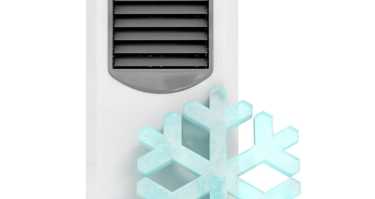 Ice Crystal Snowflake in front of Portable Mobile Room Air Conditioner. 3d Rendering