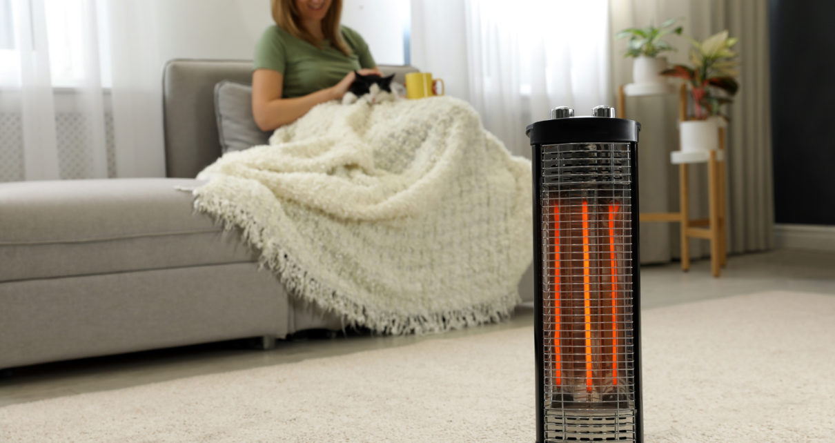 Woman and cat on couch under blanket with electric heater