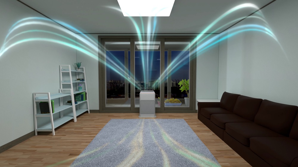 3D illustration of an air purifier making indoor air fresh in a closed room