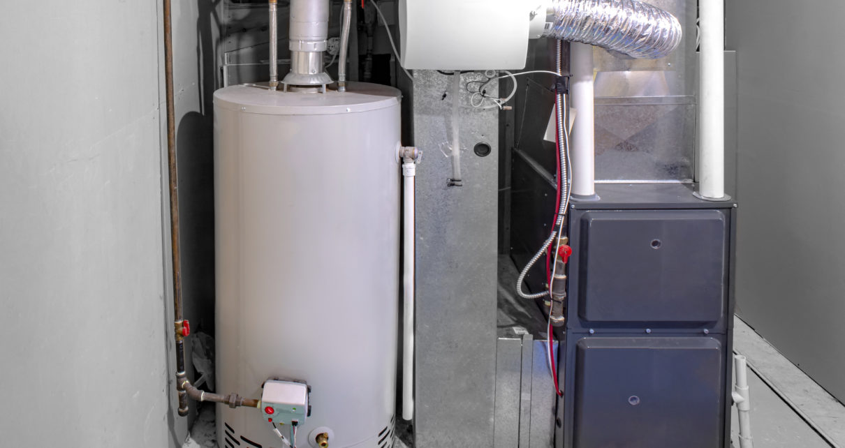 A home high efficiency furnace with a residential gas water heater