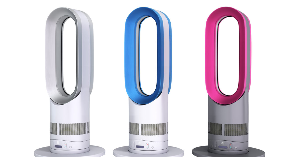 Three Ultramodern air purifiers in white, blue and pink designs