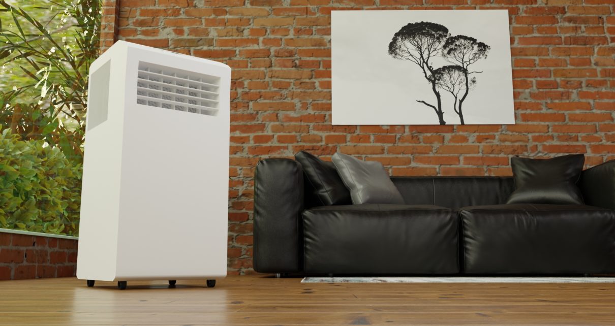3D rendering of honeywell portable air conditioner in industrial brick walled living room