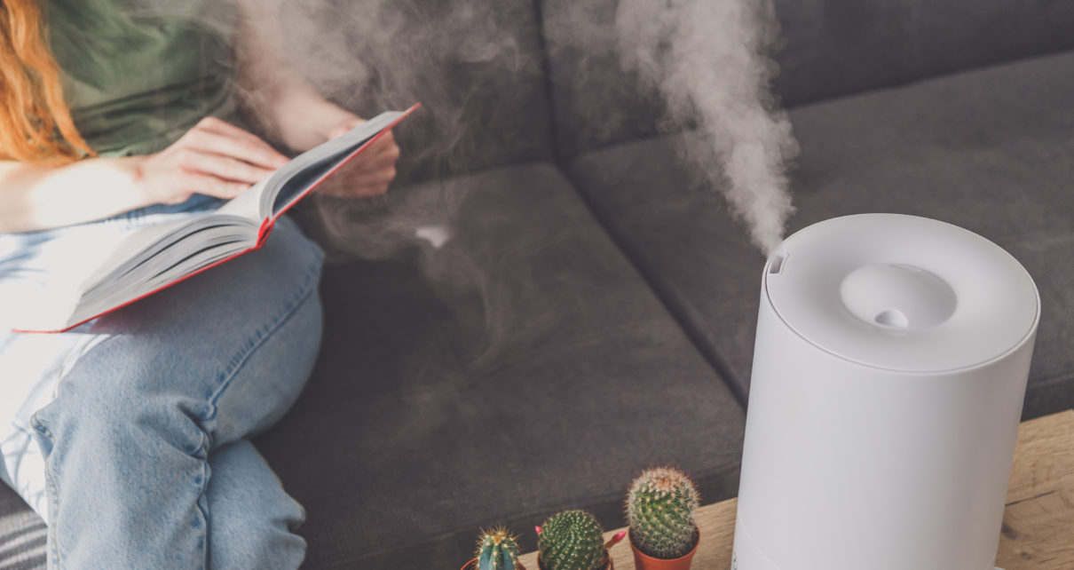 Cool Mist Humidifier on table next to succulents in front of woman reading book on couch